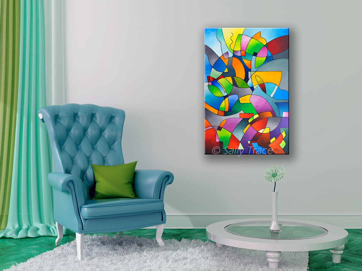 Modern geometric abstract art original acrylic painting on canvas "Information Paradox" by Sally Trace, room view