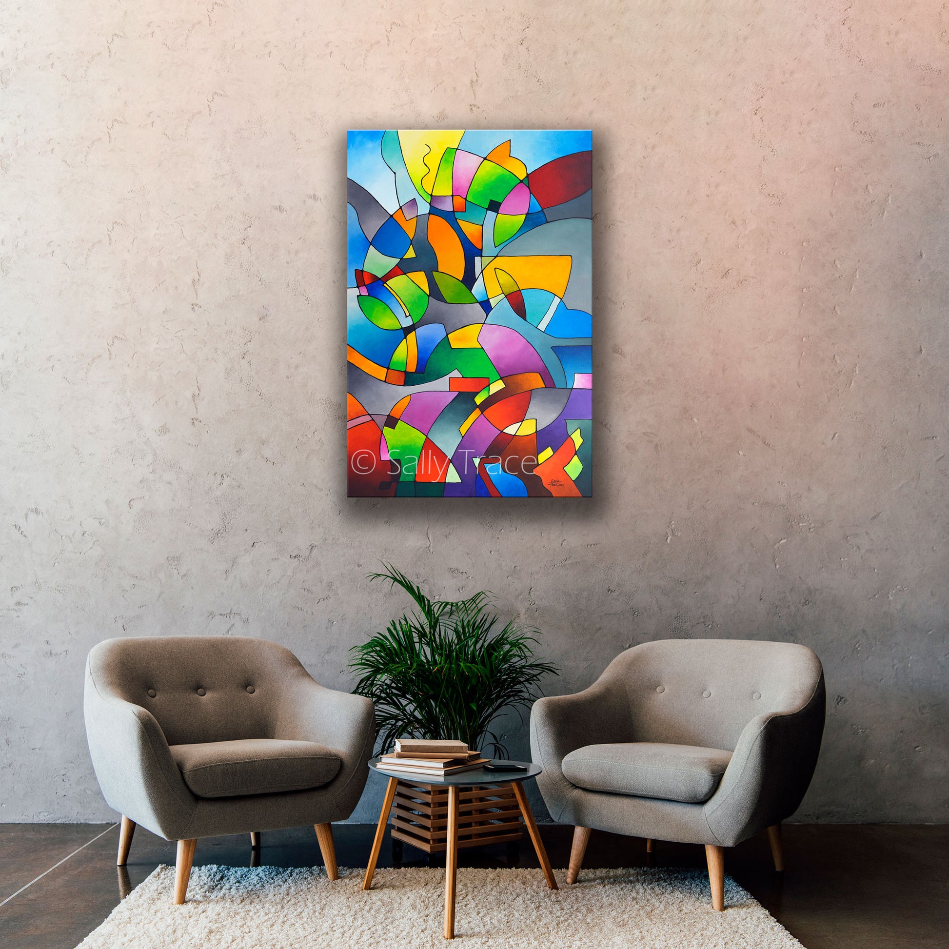 Modern geometric abstract art original acrylic painting on canvas "Information Paradox" by Sally Trace, room view