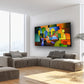 Acrylic paintings for living room, geometric abstraction, large colorful original abstract painting commission by Sally Trace "Urbanity 2", room view, large wall art for dining room