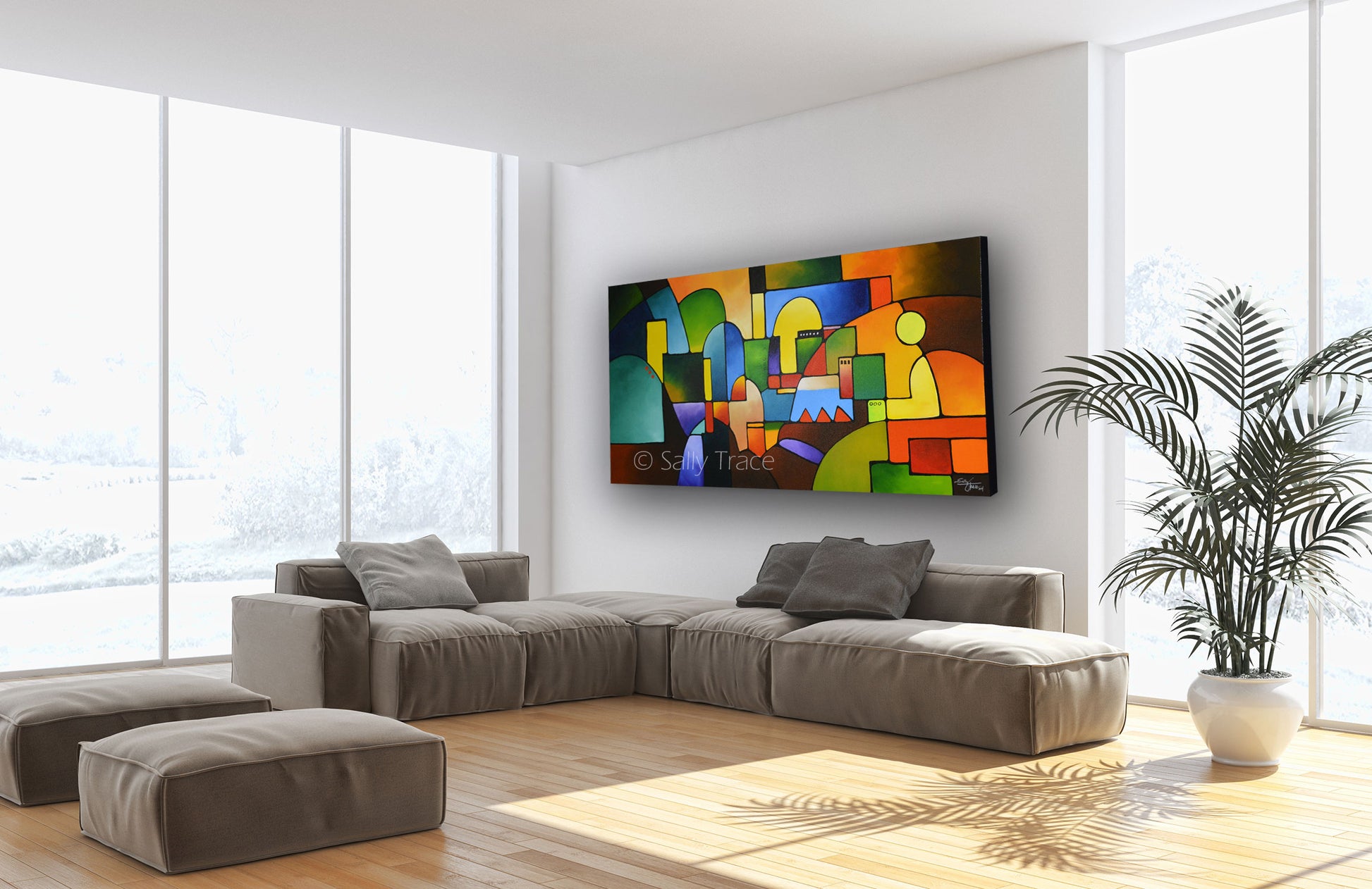 Acrylic paintings for living room, geometric abstraction, large colorful original abstract painting commission by Sally Trace "Urbanity 2", room view, large wall art for dining room