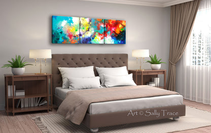Bedroom artwork above bed, Holding the High Watch, large art prints from the original triptych painting by Sally Trace, master bedroom horizontal wall art