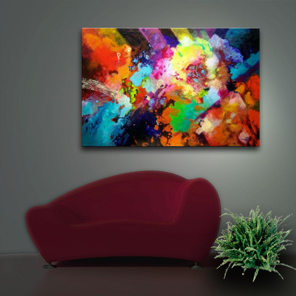Escape Velocity, canvas prints from the original fluid pour painting by Sally Trace, room view