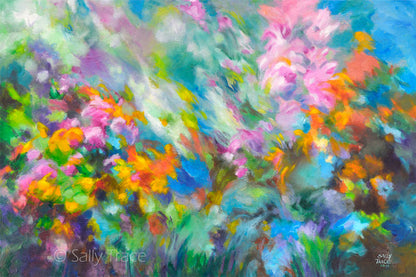 Contemporary art giclee prints on canvas from my original abstract painting "Garden Rapture" Abstract art on canvas for sale, these canvas giclee prints are made from my original colorful abstract garden art painting "Garden Rapture", colorful abstract garden wall art for the living room, office decor, living room decor