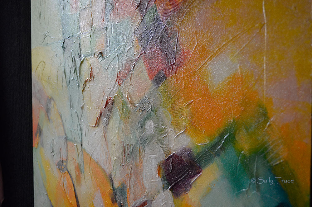 Original textured mixed media painting by Sally Trace, "In and Out", close-up.