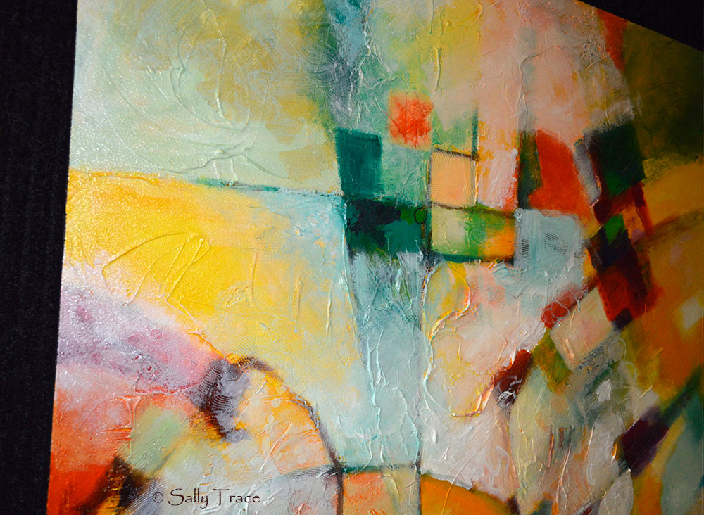 Original textured mixed media painting by Sally Trace, "In and Out", close-up.