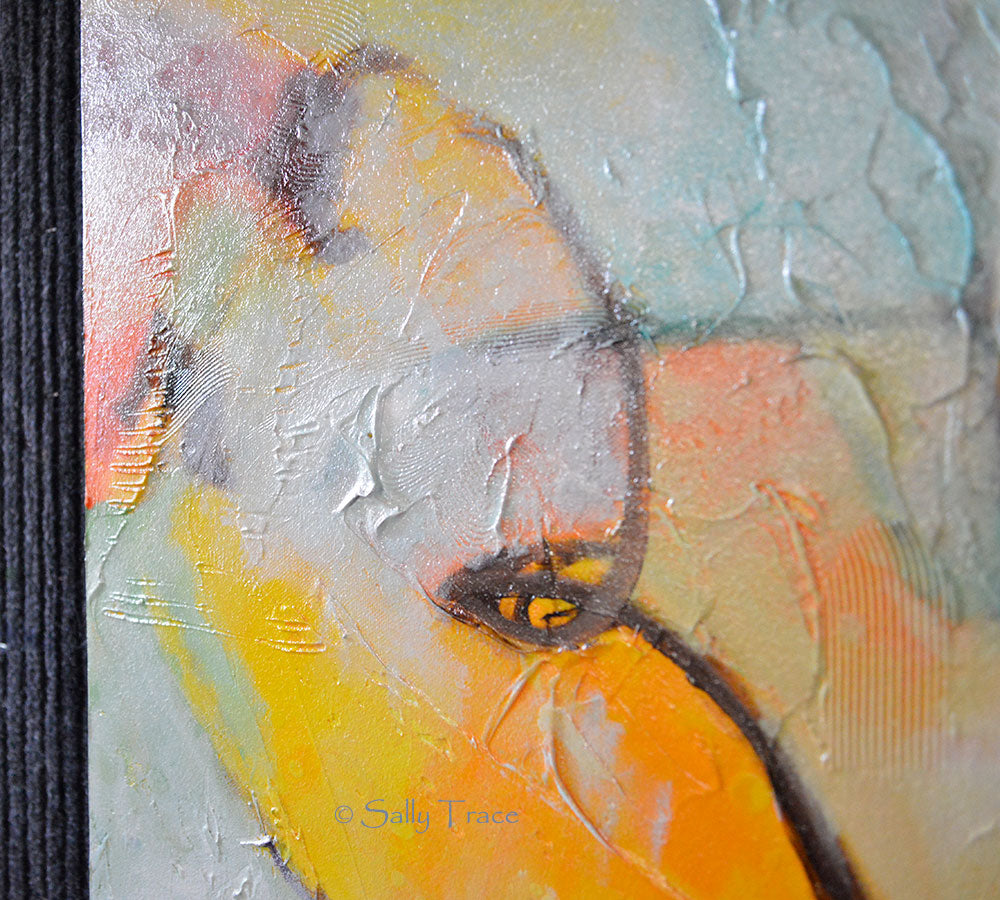 Original textured mixed media painting by Sally Trace, "In and Out", close-up.