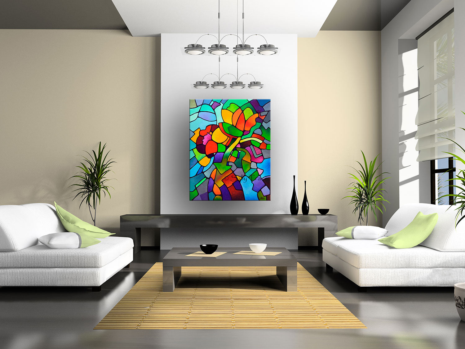 Modern colorful geometric art prints for sale by Sally Trace, room view
