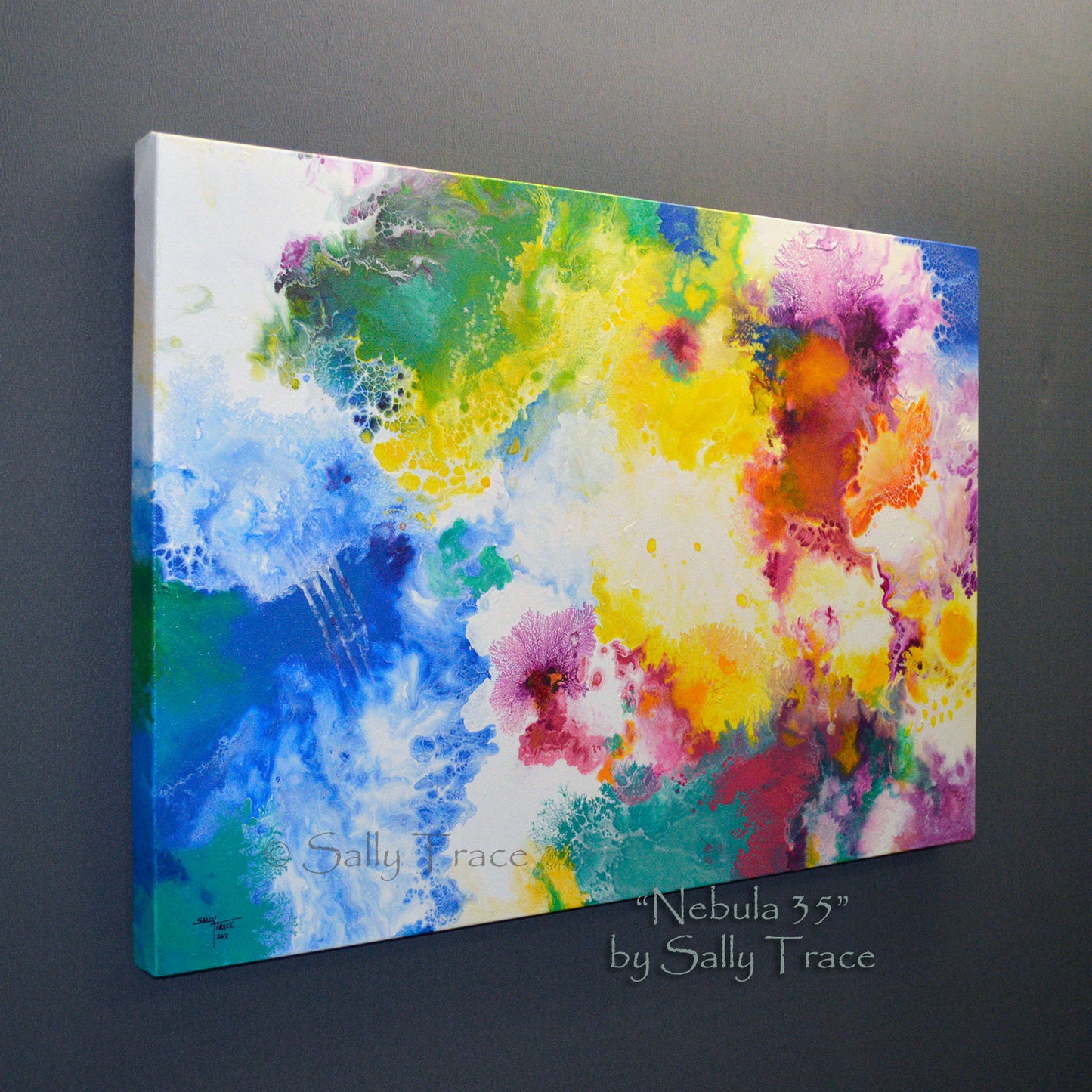 Nebula 35, original fluid art painting by Sally Trace, side view