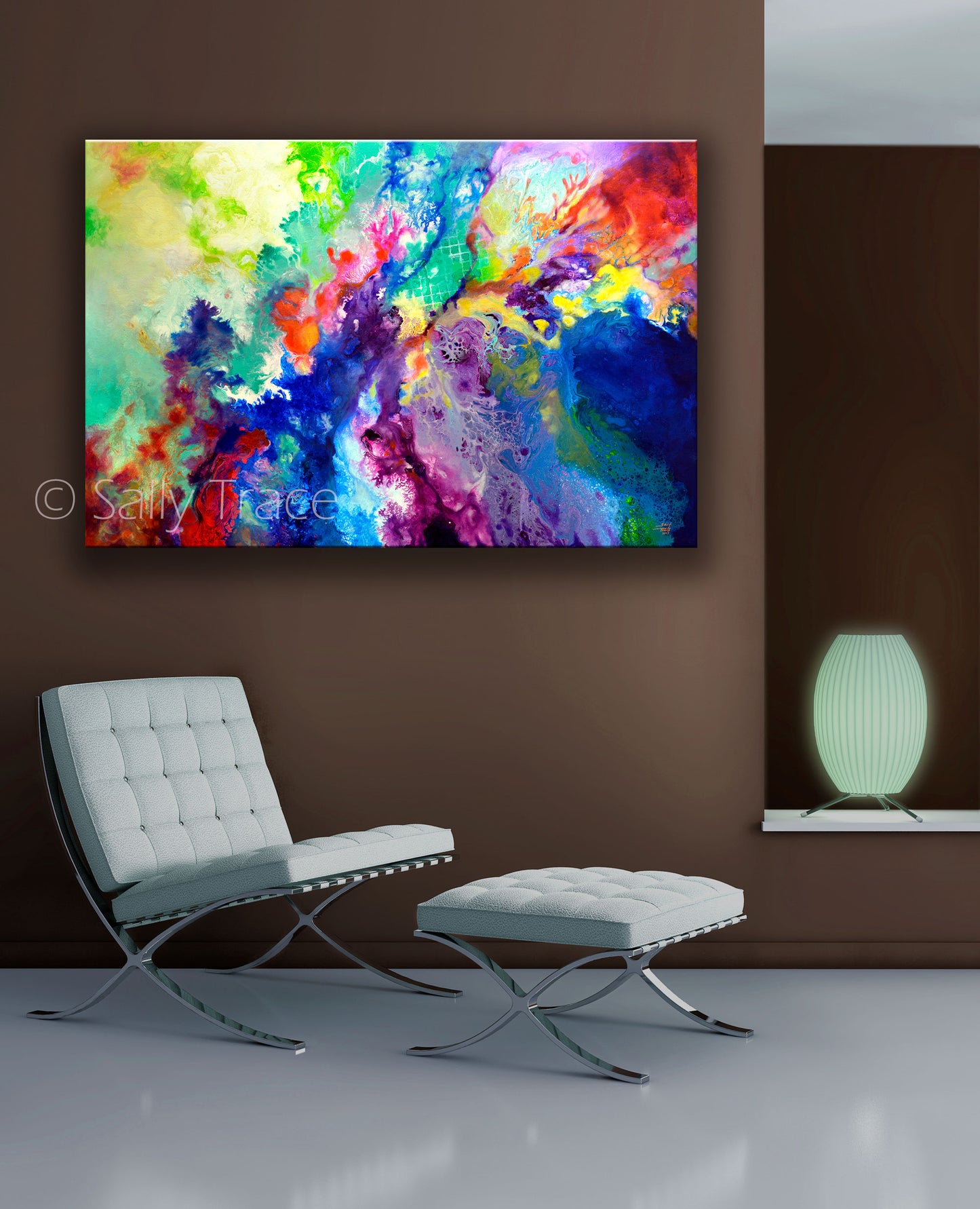 Fluid abstract paiting prints on canvas by Sally Trace "Touch Me Here", room view