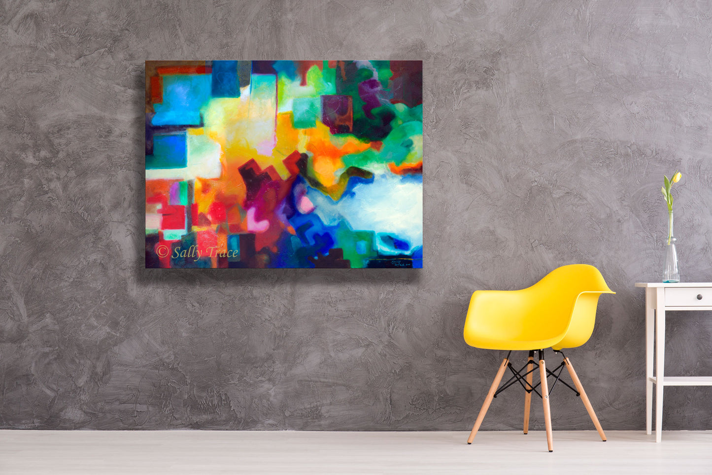 Abstract geometric painting giclee print on canvas by Sally Trace "To See Beyond", room view