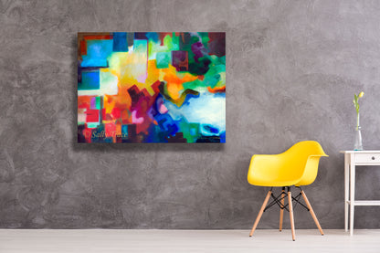 Abstract geometric painting giclee print on canvas by Sally Trace "To See Beyond", room view