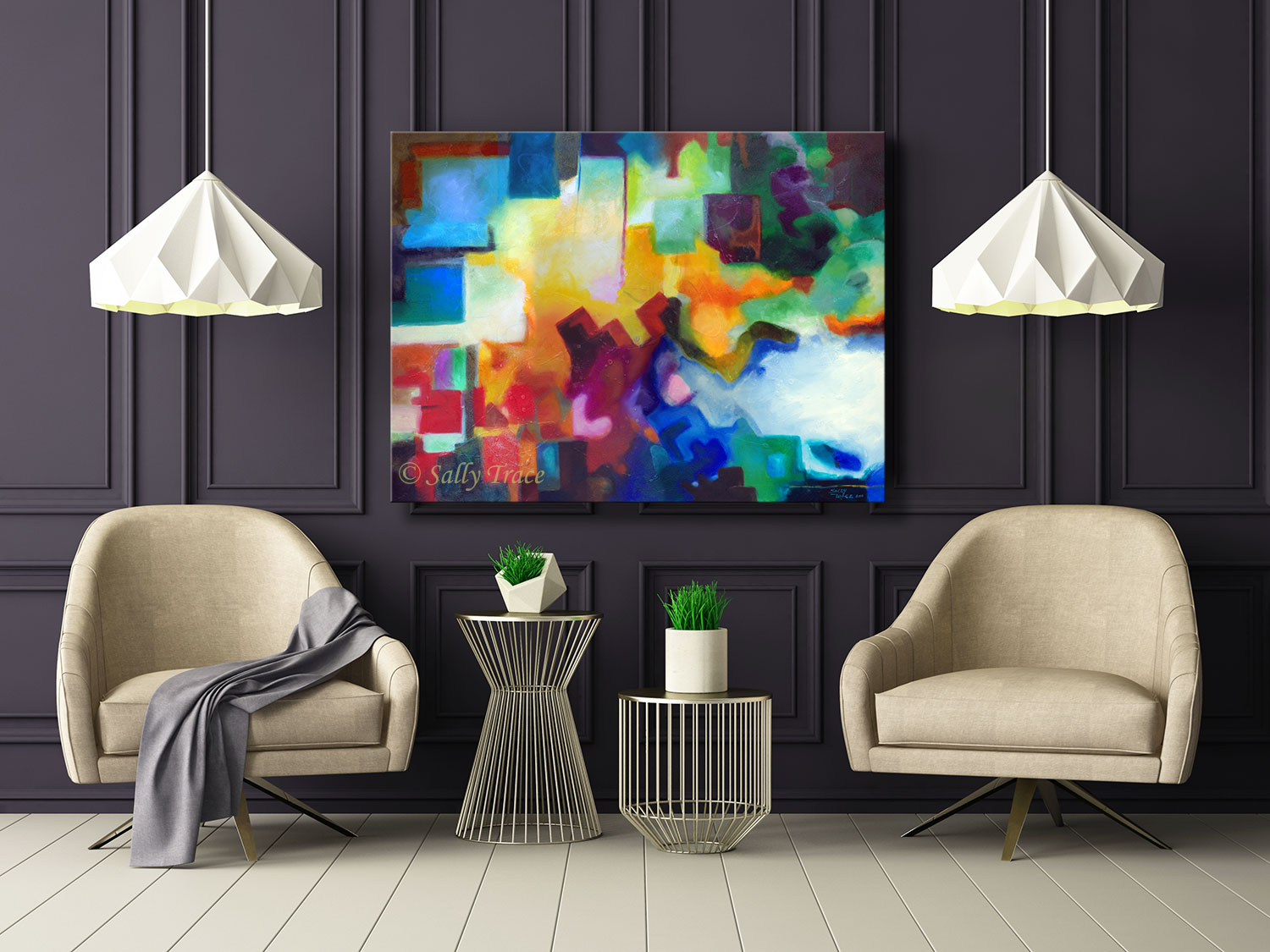 Abstract geometric painting giclee print on canvas by Sally Trace "To See Beyond", room view