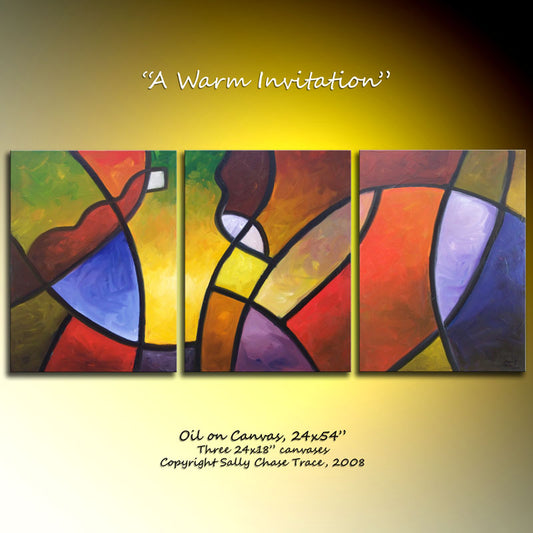 Modern triptych paiting by Sally Trace, "A Warm Invitation"