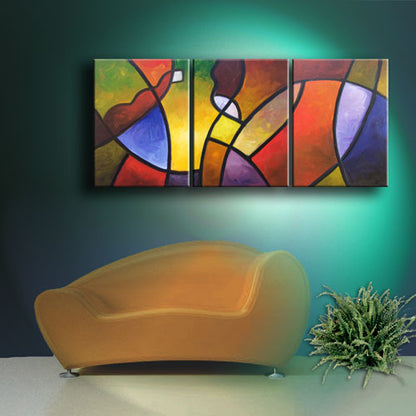 Modern triptych paiting by Sally Trace, "A Warm Invitation"