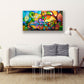 Original abstract landscape painting by Sally Trace that is about a feeling of expansiveness when one is stepping out into a new day. This is an acrylic on canvas painting in a vertical format and is 24 inches high and 48 inches wide.  This image shows the painting in a living room setting.
