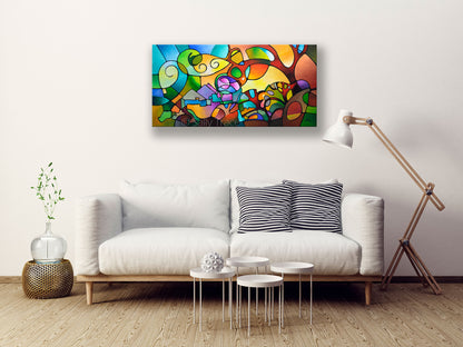 Original abstract landscape painting by Sally Trace that is about a feeling of expansiveness when one is stepping out into a new day. This is an acrylic on canvas painting in a vertical format and is 24 inches high and 48 inches wide.  This image shows the painting in a living room setting.