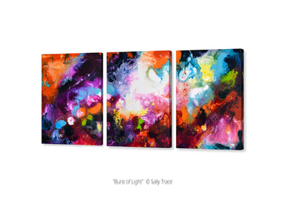 Burst of Light, pour painting art giclee print triptych by Sally Trace