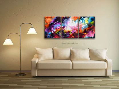 Burst of Light, pour painting art giclee print triptych by Sally Trace, room view