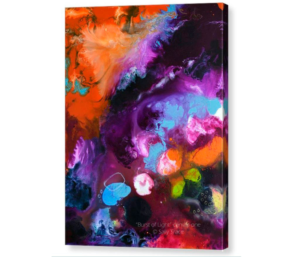 Burst of Light, pour painting art giclee print triptych by Sally Trace, canvas one