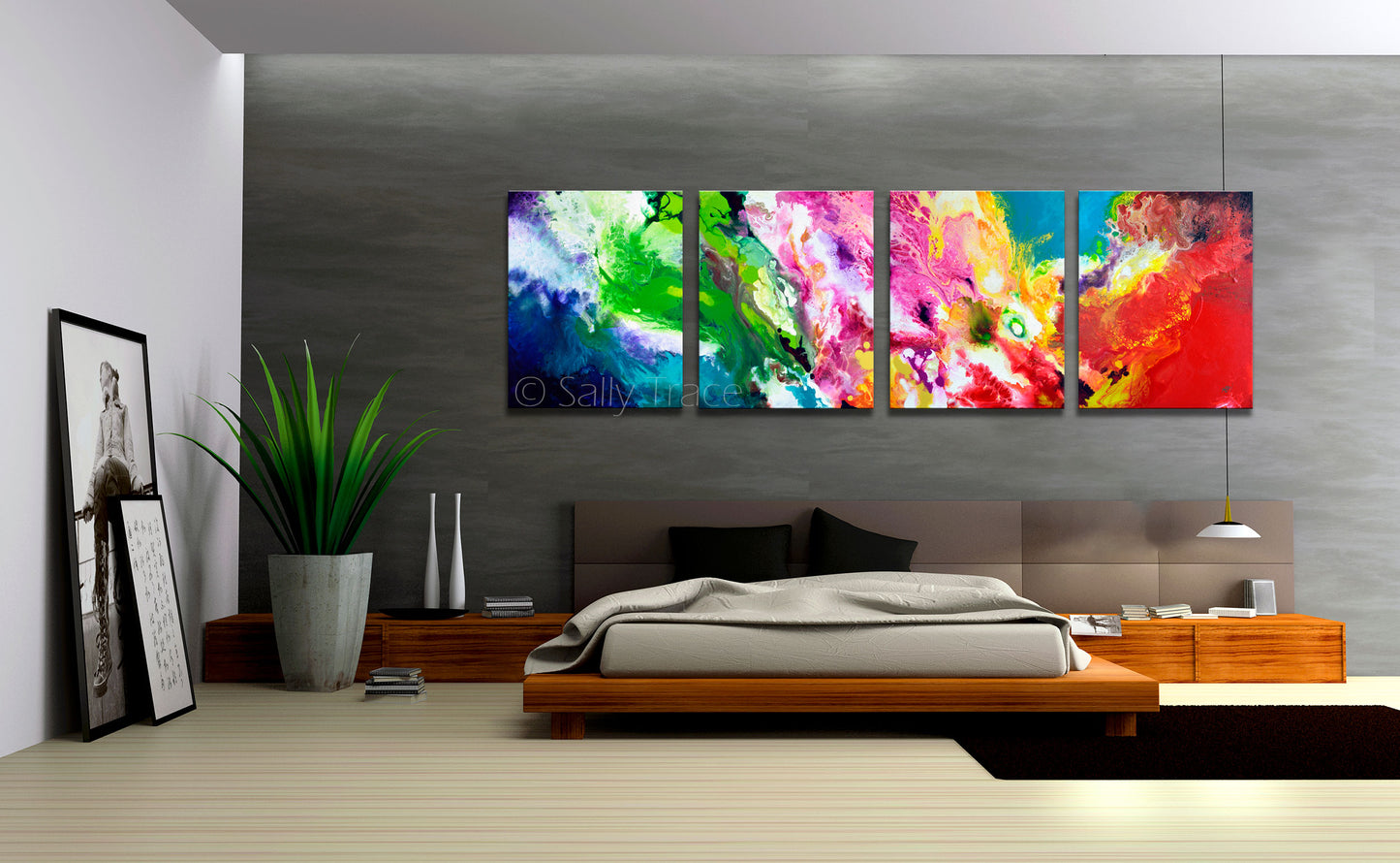 Clean Sweep, colorful polyptych multi panel four canvas abstract painting print by Sally Trace, room view, living room modern living room wall art painting.