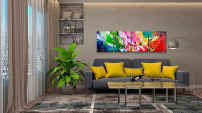 Clean Sweep, colorful polyptych multi panel four canvas abstract painting print by Sally Trace, room view,  modern living room wall art painting.