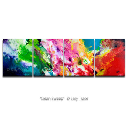 Clean Sweep, colorful polyptych multi panel four canvas abstract painting print by Sally Trace,  modern living room wall art painting.