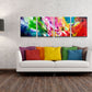Clean Sweep, colorful polyptych multi panel four canvas abstract painting print by Sally Trace, room view,  modern living room wall art painting.