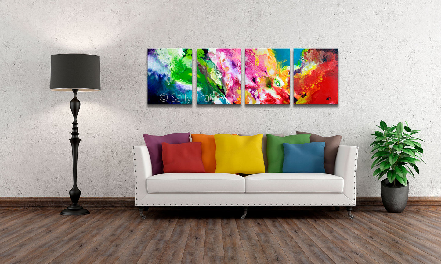 Clean Sweep, colorful polyptych multi panel four canvas abstract painting print by Sally Trace, room view,  modern living room wall art painting.