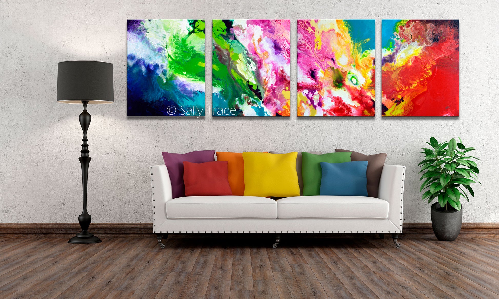 Clean Sweep, colorful polyptych multi panel four canvas abstract painting print by Sally Trace, room view,  modern living room wall art painting.