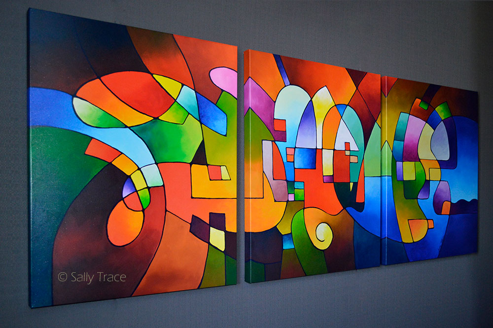 Clear Focus 2, modern abstract paintings on canvas, canvas giclee print set from my original abstract triptych paintings