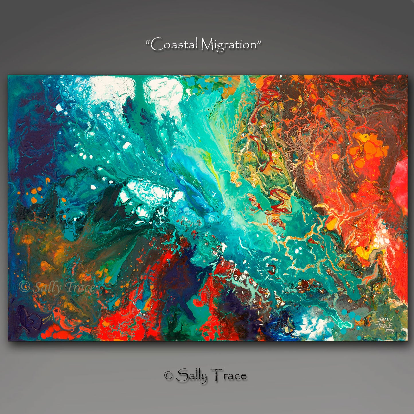 Fluid art modern contemporary canvas prints, "Coastal Migration", fluid art painting print by Sally Trace