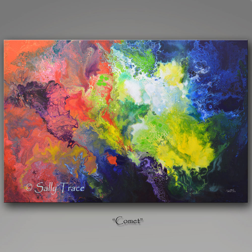 Comet, modern contemporary canvas giclee print from the original fluid pour painting by Sally Trace
