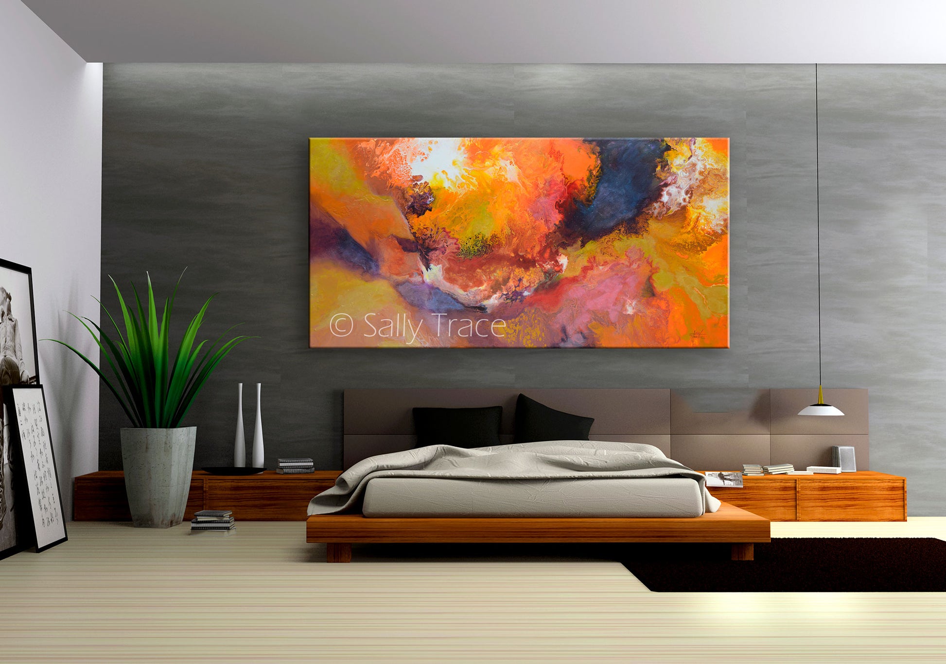 "Continuity in Gold" a fluid art piece with lots of movement, bright and muted tones.  These are giclee prints by Sally Trace.  Art decor for the living room, dining room, office.  Large contemporary fine art for sale., room view.