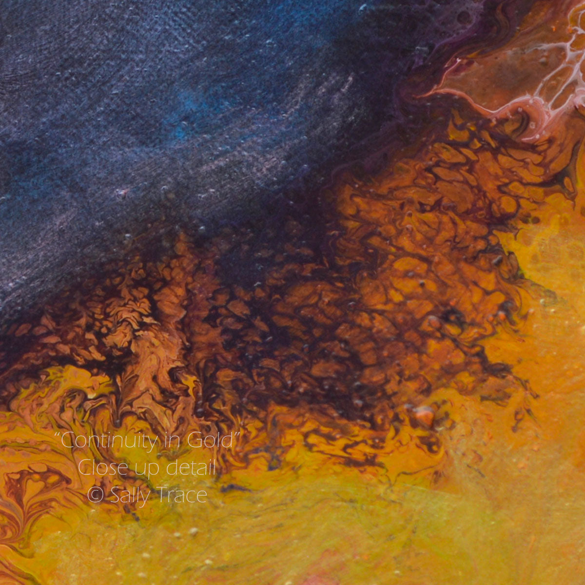 "Continuity in Gold" a fluid art piece with lots of movement, bright and muted tones.  These are giclee prints by Sally Trace.  Art decor for the living room, dining room, office.  Large contemporary fine art for sale, close-up view.