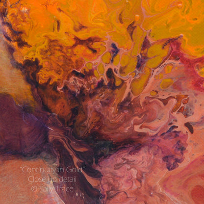 "Continuity in Gold" a fluid art piece with lots of movement, bright and muted tones.  These are giclee prints by Sally Trace.  Art decor for the living room, dining room, office.  Large contemporary fine art for sale, close-up view.