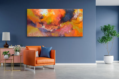 "Continuity in Gold" a fluid art piece with lots of movement, bright and muted tones.  These are giclee prints by Sally Trace.  Art decor for the living room, dining room, office.  Large contemporary fine art for sale., room view.