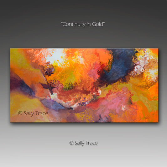 "Continuity in Gold" a fluid art piece with lots of movement, bright and muted tones.  These are giclee prints by Sally Trace.  Art decor for the living room, dining room, office.  Large contemporary fine art for sale.