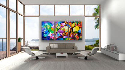 Canvas giclee print of Sally Trace painting "Daydream" extra large wall art, Colorful abstract geometric landscape canvas prints for sale, three giclee prints on canvas made from my beautiful original acrylic triptych acrylic on canvas painting "Daydream", oversized geometric canvas painting prints wall art, geometric shapes, expressionism with geometric trees, mountains, sky, blue yellow paintings, room view
