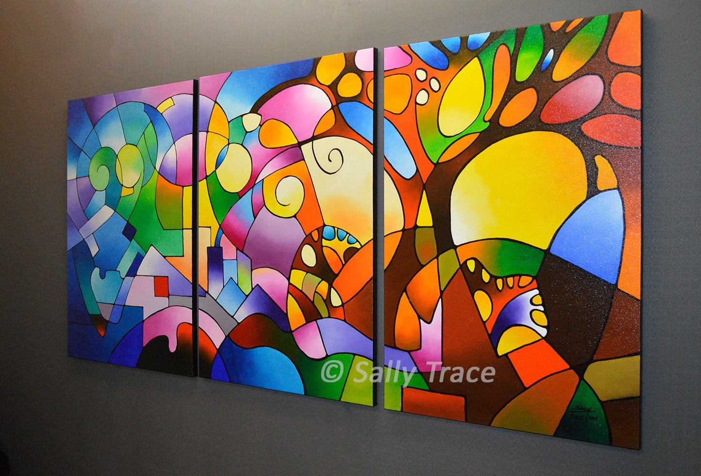 Beautiful acrylic paintings for living room, "Daydream", original triptych geometric landscape painting by Sally Trace, right side view