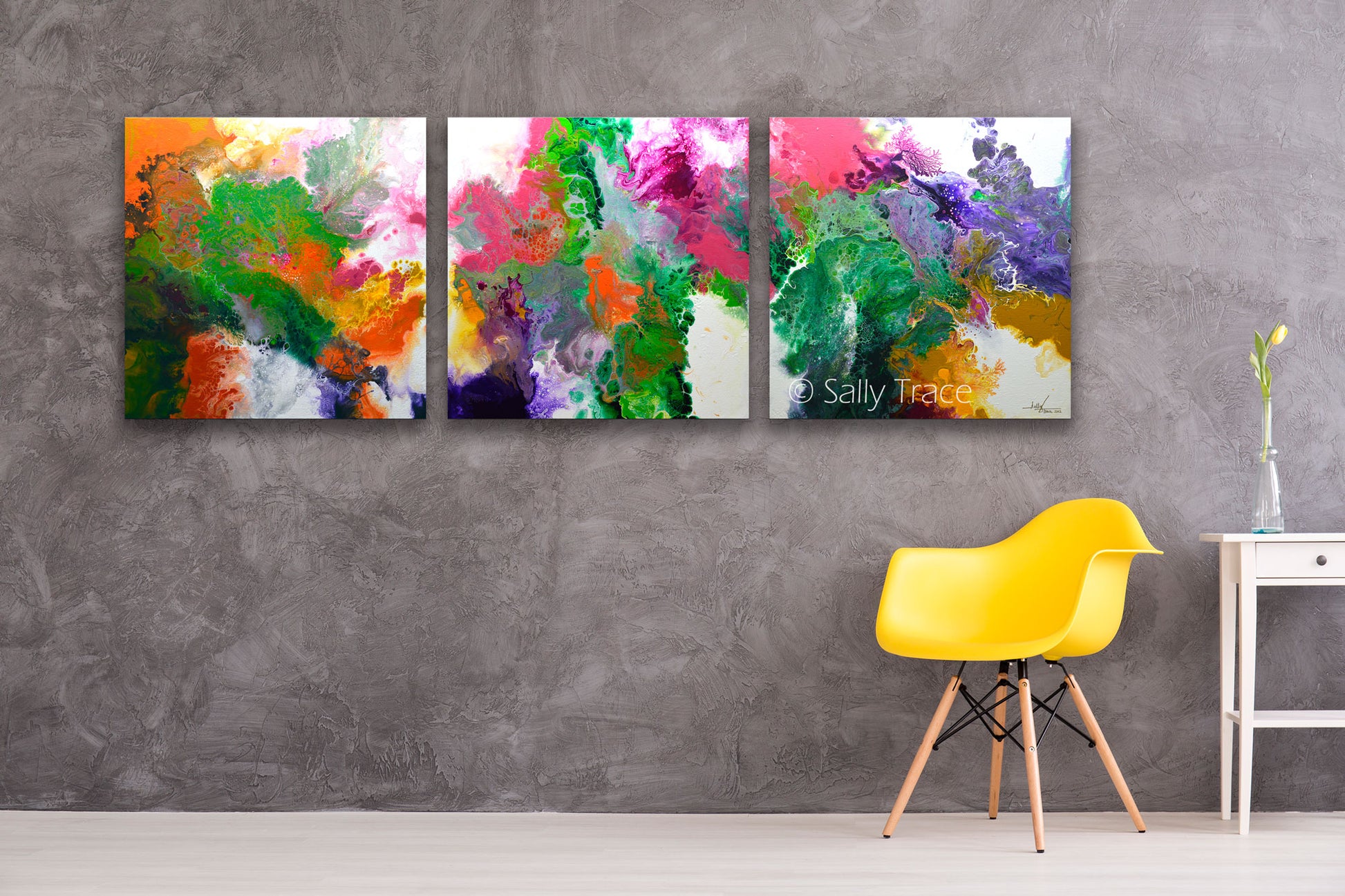 Modern contemporary abstract art for sale, Delicate, triptych fluid art giclée print set on canvas by Sally Trace