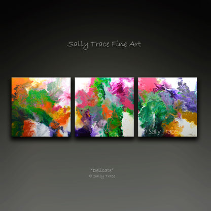 Modern contemporary abstract art for sale, Delicate, triptych fluid art giclée print set on canvas by Sally Trace