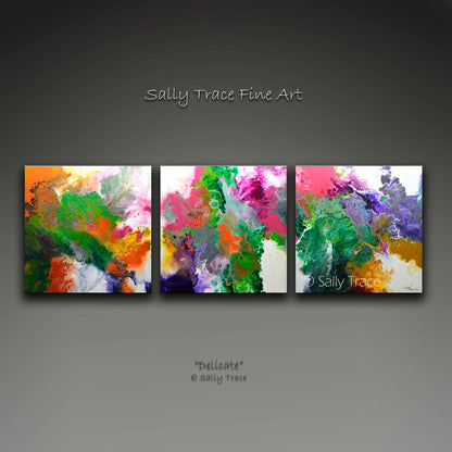 Modern contemporary abstract art for sale, Delicate, triptych fluid art giclée print set on canvas by Sally Trace