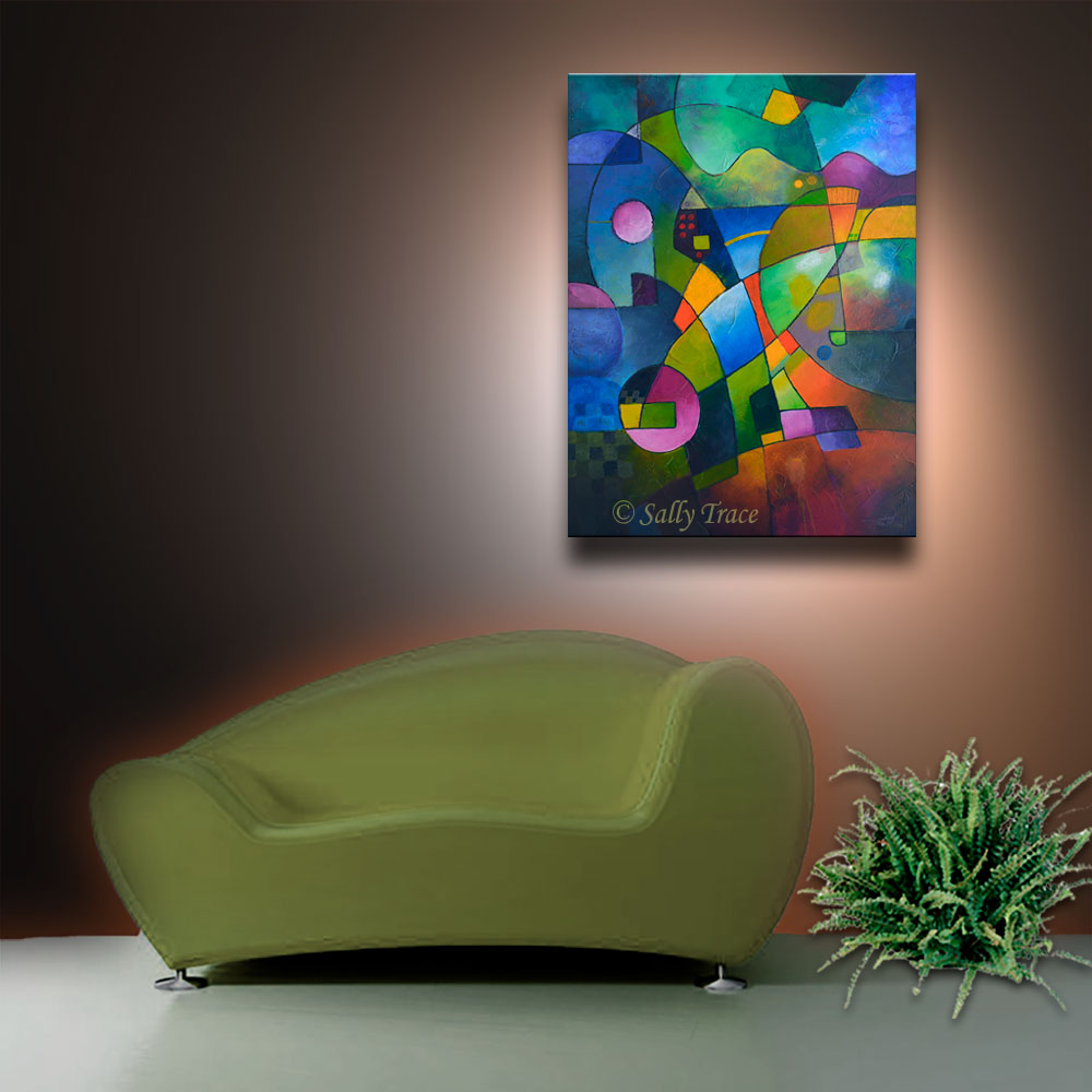 Direction North, original abstract painting giclee print by Sally Trace, room view, blue abstract art