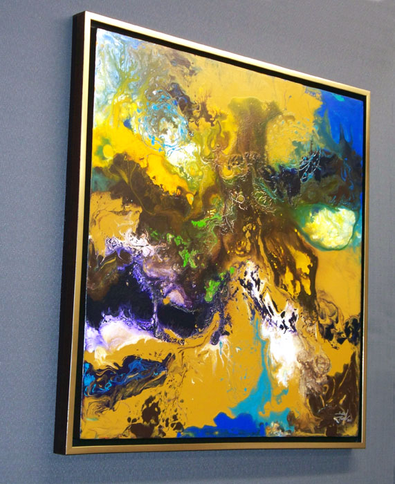 Modern fluid art painting, acrylic on canvas, framed, by Sally Trace