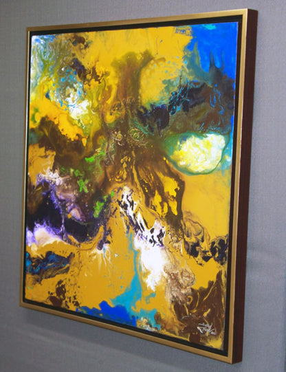 Modern fluid art painting, acrylic on canvas, framed, by Sally Trace