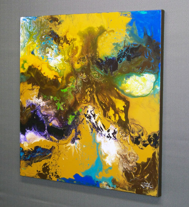 Modern fluid art painting, acrylic on canvas, framed, by Sally Trace