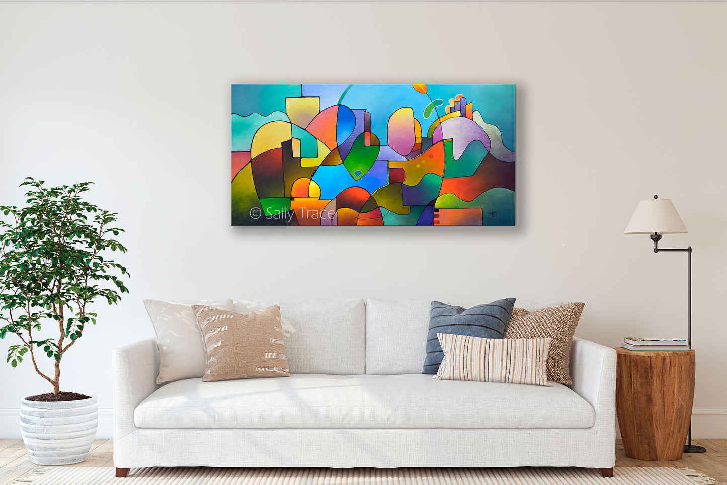 "Diversification" modern geometric abstract landscape painting, abstract paintings for living room, blue and green and earth colors with hard edged geometric shapes, room view
