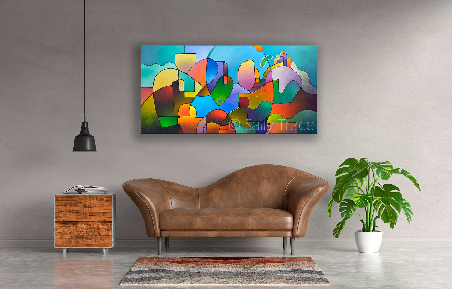 “Diversification” abstract landscape fine art prints, contemporary modern geometric colorful abstract art prints, geometric abstract wall art prints by Sally Trace, room view