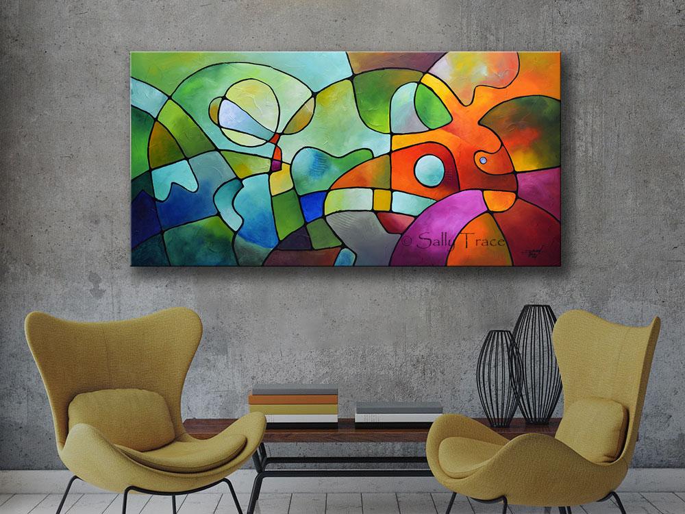 Equanimity, contemporary abstract modern art prints for sale by Sally Trace, room view