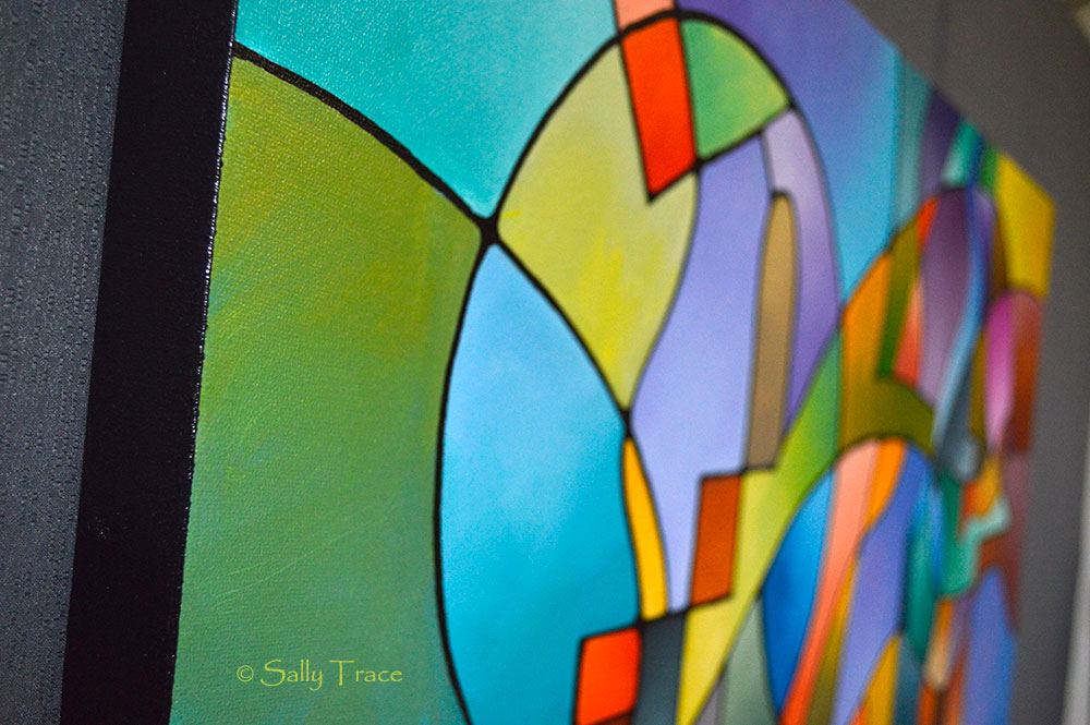 "Equilibrium" original geometric abstract painting for sale by Sally Trace, close up view